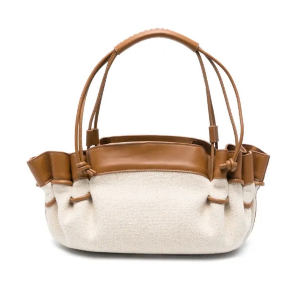Hereu | NWOT Arta Pleated Shoulder Bag | Cream Canvas and Tan Leather